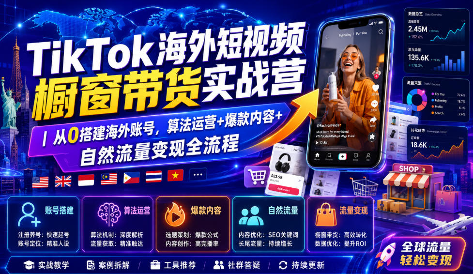 TikTok海外短视频橱窗带货实战营｜从0搭建海外账号，算法运营+爆款内容+自然流量变现全流程-轻资本网