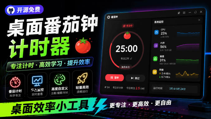 仅1.16MB，开源极简的桌面时钟、番茄钟计时器，还支持系统监控显示，桌面效率小工具Catime-轻资本网