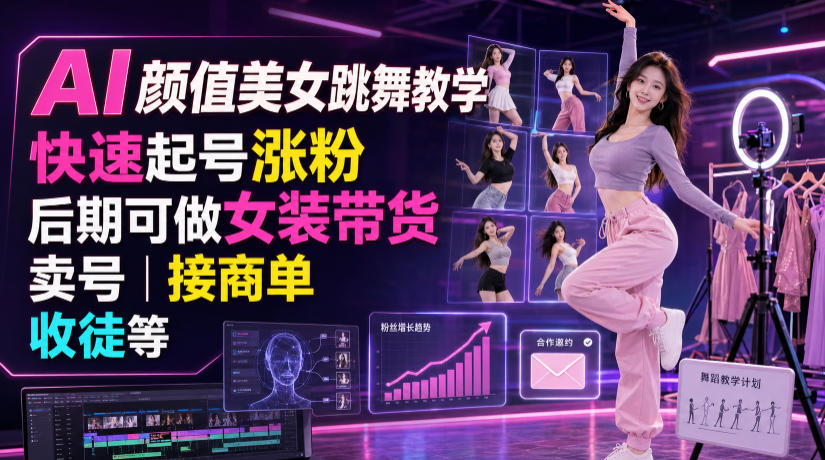 AI颜值美女跳舞教学，快速起号涨粉，后期可做女装带货，卖号，接商单，收徒等-轻资本网