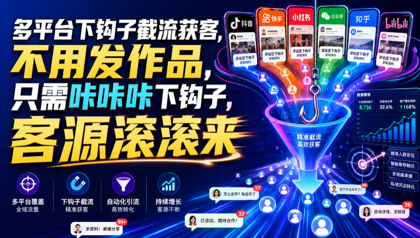多平台下钩子截流获客，不用发作品，只需咔咔咔下钩子，客源滚滚来-轻资本网