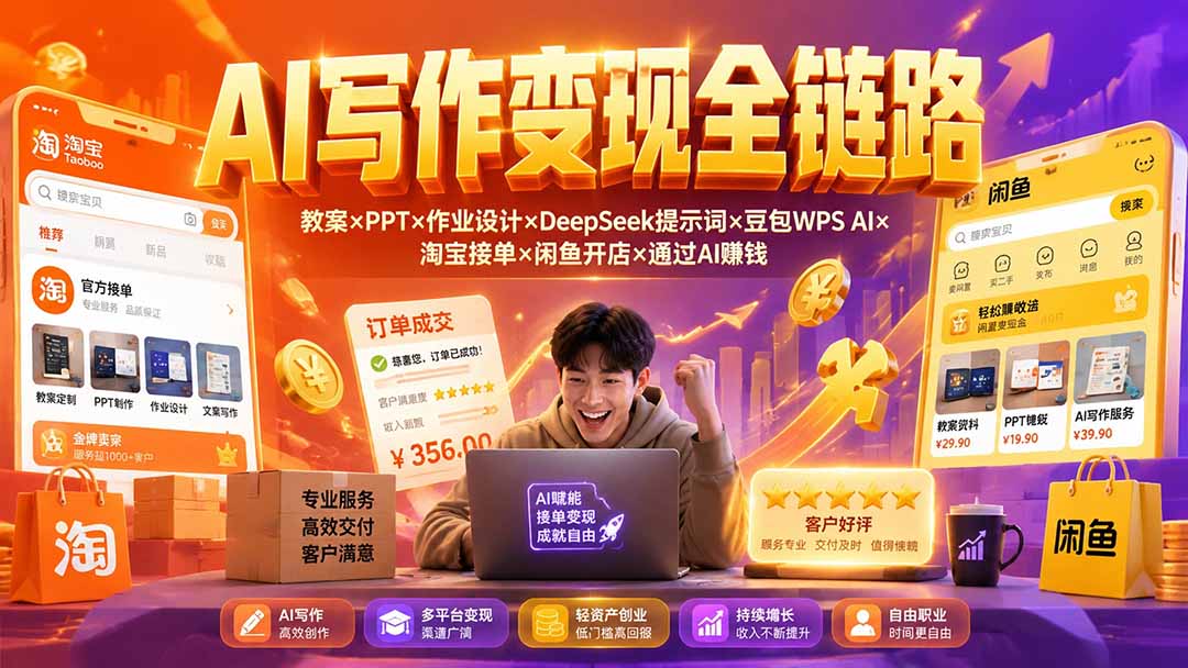 2026AI写作变现全链路：教案×PPT×作业设计×DeepSeek提示词×豆包WPS AI×淘宝接单×闲鱼开店×通过AI賺钱-轻资本网