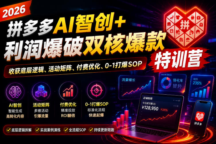 2026拼多多AI智创+利润爆破双核爆款特训营，收获底层逻辑、活动矩阵、付费优化、0-1打爆SOP(更新0727)-轻资本网