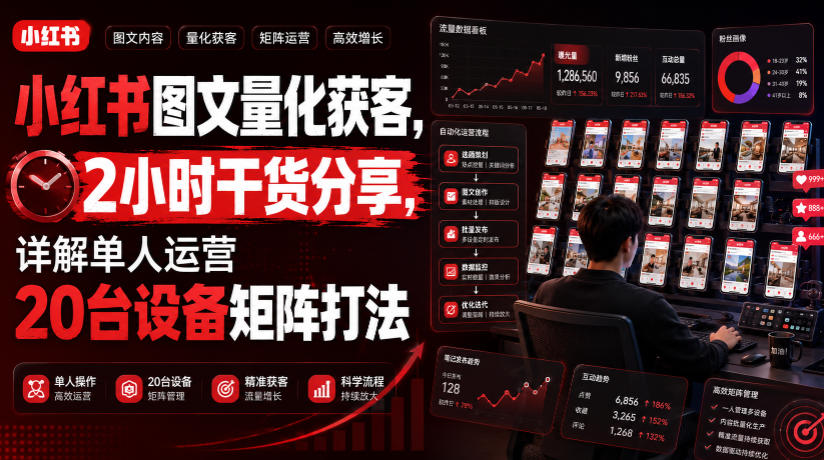 小红书图文量化获客，2小时干货分享，详解单人运营20台设备矩阵打法-轻资本网