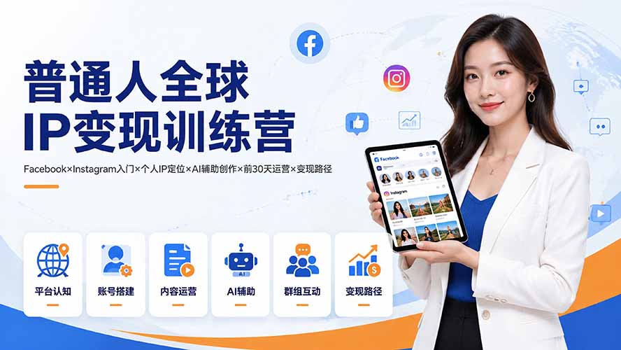 普通人全球IP变现训练营：Facebook×Instagram入门×个人IP定位×AI辅助创作×前30天运营×变现路径-轻资本网