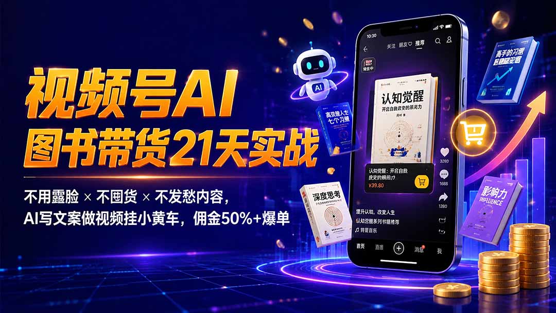 繁花视频号AI图书带货21天实战：不用露脸×不囤货×不发愁内容，AI写文案做视频挂小黄车，佣金50%+爆单-轻资本网