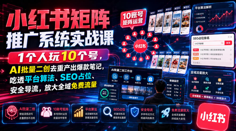 小红书矩阵推广系统实战课｜1个人玩10个号，AI批量二创去重产出爆款笔记，吃透平台算法、SEO占位、安全导流，放大全域免费流量-轻资本网
