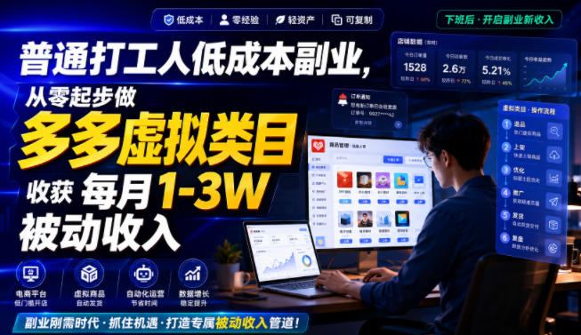 普通打工人低成本副业，从零起步做多多虚拟类目，收获每月1-3W被动收入【揭秘】-轻资本网