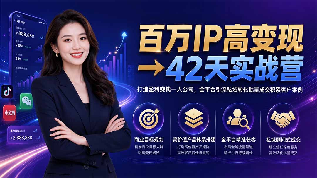 百万IP高变现→42天实战营｜打造盈利赚钱一人公司，全平台引流私域转化批量成交积累客户案例-轻资本网