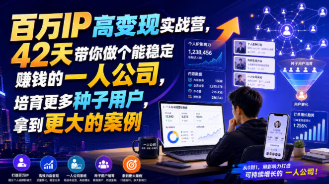 百万IP高变现实战营，42天带你做个能稳定賺钱的一人公司，培育更多种子用户，拿到更大的案例-轻资本网
