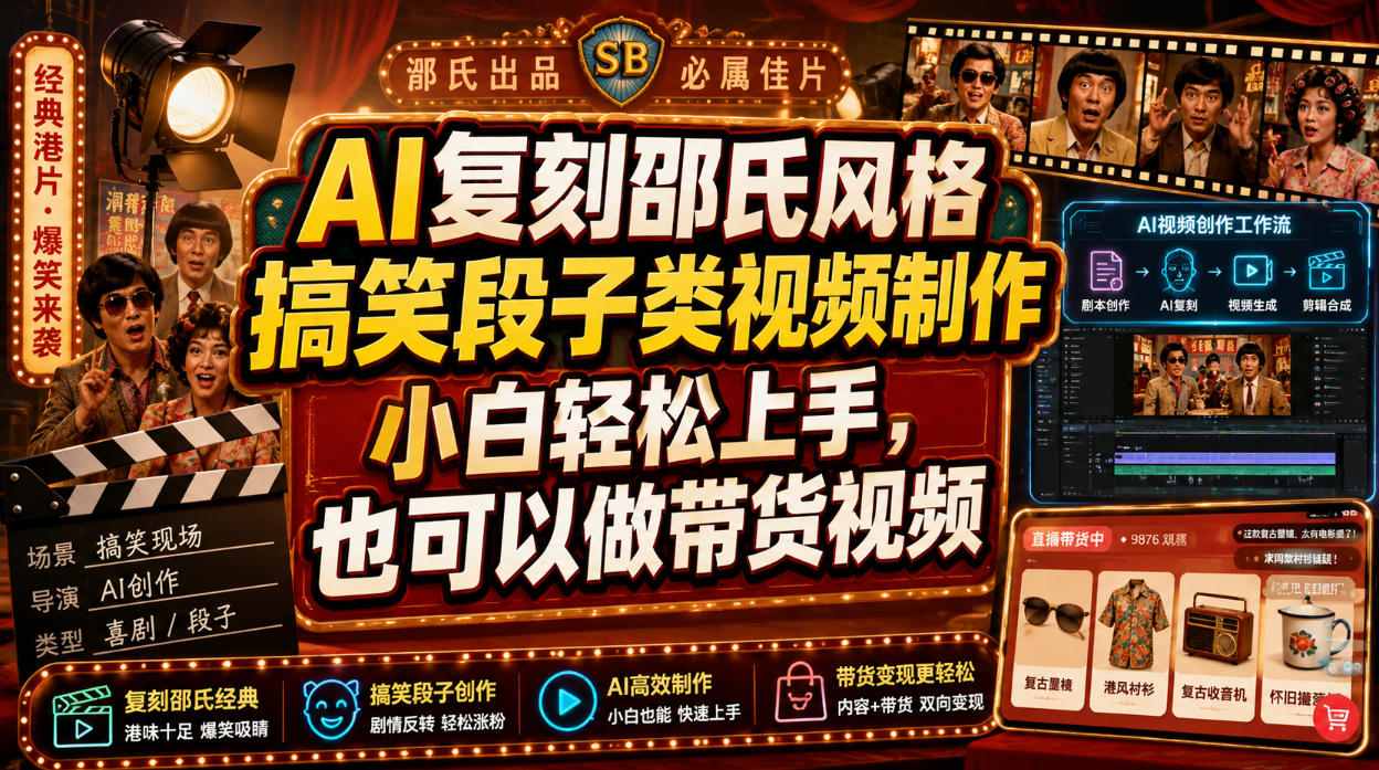 AI复刻邵氏风格搞笑段子类视频制作，小白轻松上手，也可以做带货视频-轻资本网