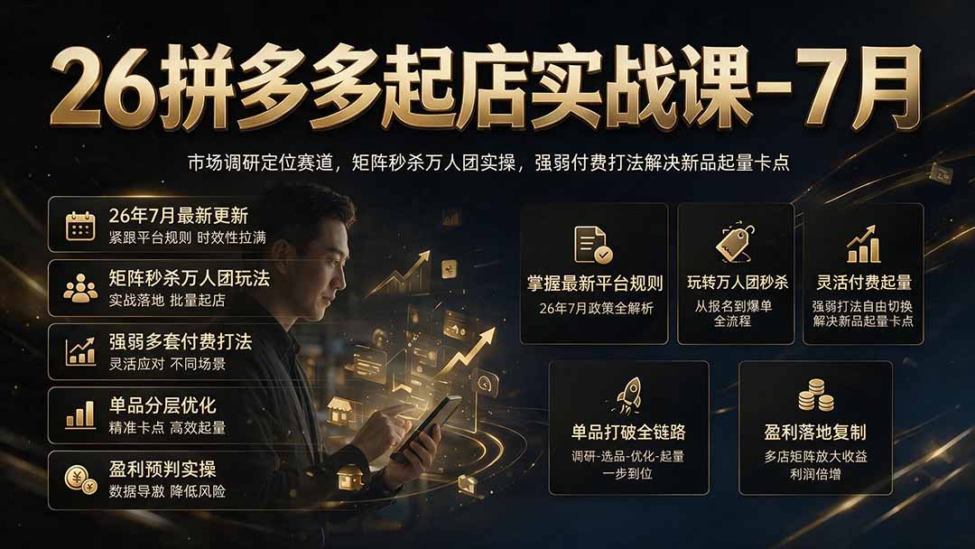 26拼多多起店实战课-7月｜市场调研定位赛道，矩阵秒杀万人团实操，强弱付费打法解决新品起量卡点-轻资本网