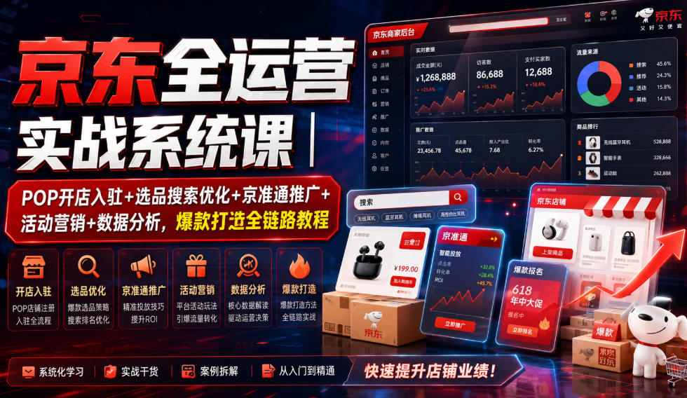 京东全运营实战系统课｜POP开店入驻+选品搜索优化+京准通推广+活动营销+数据分析，爆款打造全链路教程-轻资本网