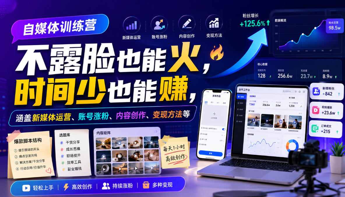 自媒体训练营，不露脸也能火，时间少也能賺，涵盖新媒体运营、账号涨粉、内容创作、变现方法等-轻资本网