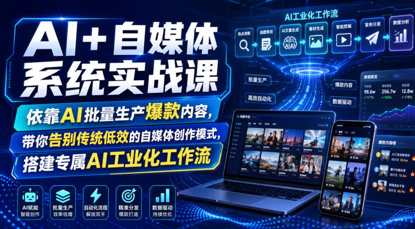AI+自媒体系统实战课，依靠AI批量生产爆款内容，带你告别传统低效的自媒体创作模式，搭建专属AI工业化工作流-轻资本网