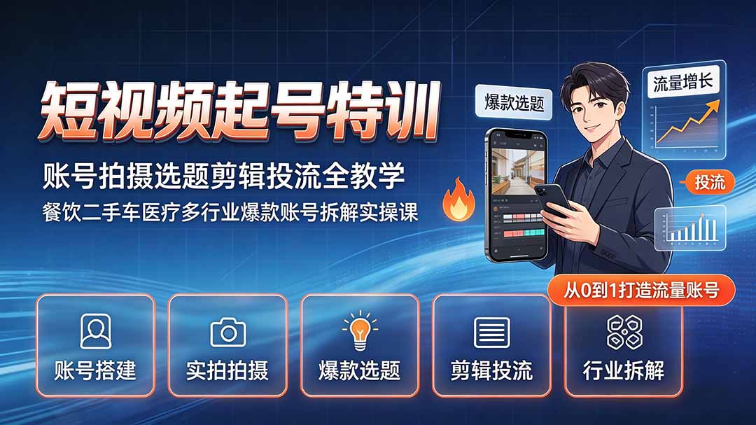 短视频起号特训｜账号拍摄选题剪辑投流全教学，餐饮二手车医疗多行业爆款账号拆解实操课-轻资本网