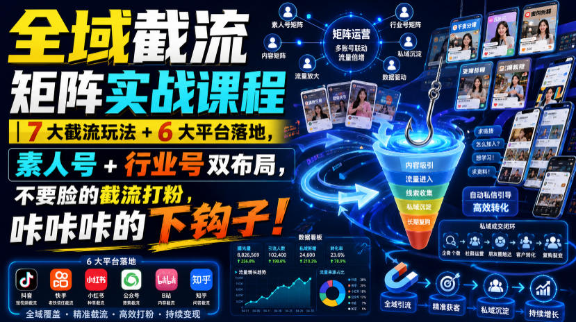 全域截流矩阵实战课程｜7大截流玩法+6大平台落地，素人号+行业号双布局，不要脸的截流打粉，咔咔咔的下钩子！-轻资本网