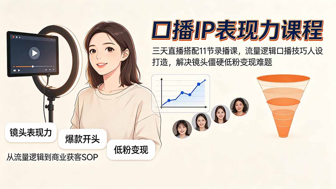 口播IP表现力课程｜三天直播搭配11节录播课，流量逻辑口播技巧人设打造，解决镜头僵硬低粉变现难题-轻资本网