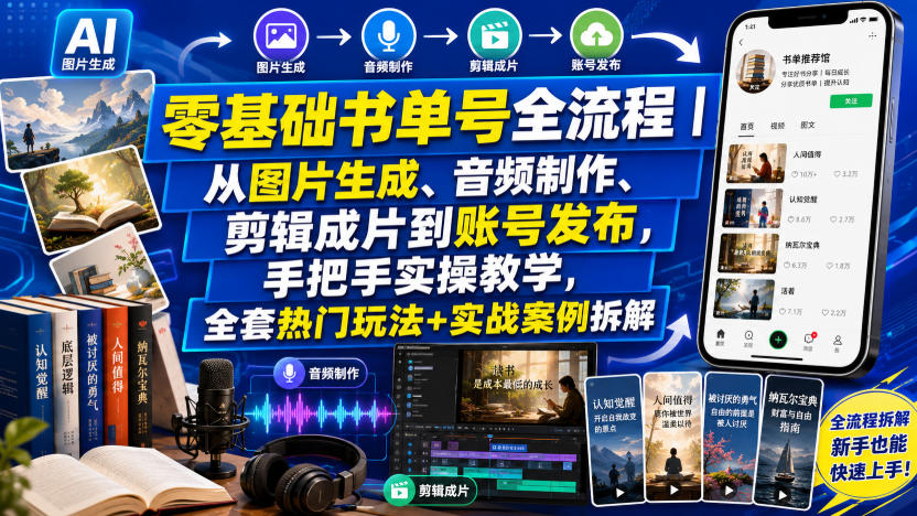 零基础书单号全流程｜从图片生成、音频制作、剪辑成片到账号发布，手把手实操教学，全套热门玩法+实战案例拆解-轻资本网