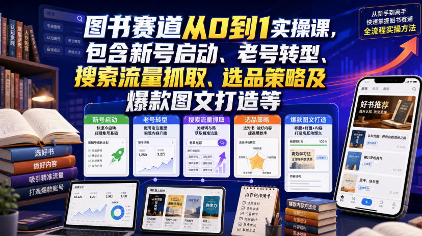 图书赛道从0到1实操课，包含新号启动、老号转型、搜索流量抓取、选品策略及爆款图文打造等-轻资本网