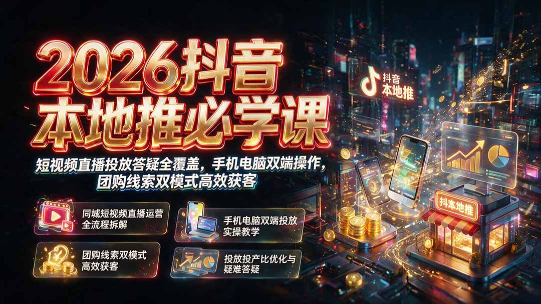 2026抖音本地推必学课｜短视频直播投放答疑全覆盖，手机电脑双端操作，团购线索双模式高效获客-轻资本网