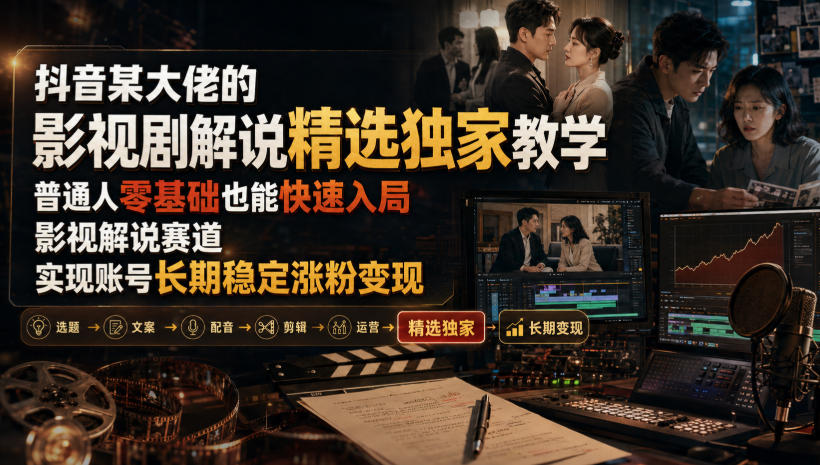 抖音某大佬的影视剧解说精选独家教学，普通人零基础也能快速入局影视解说赛道，实现账号长期稳定变现-轻资本网