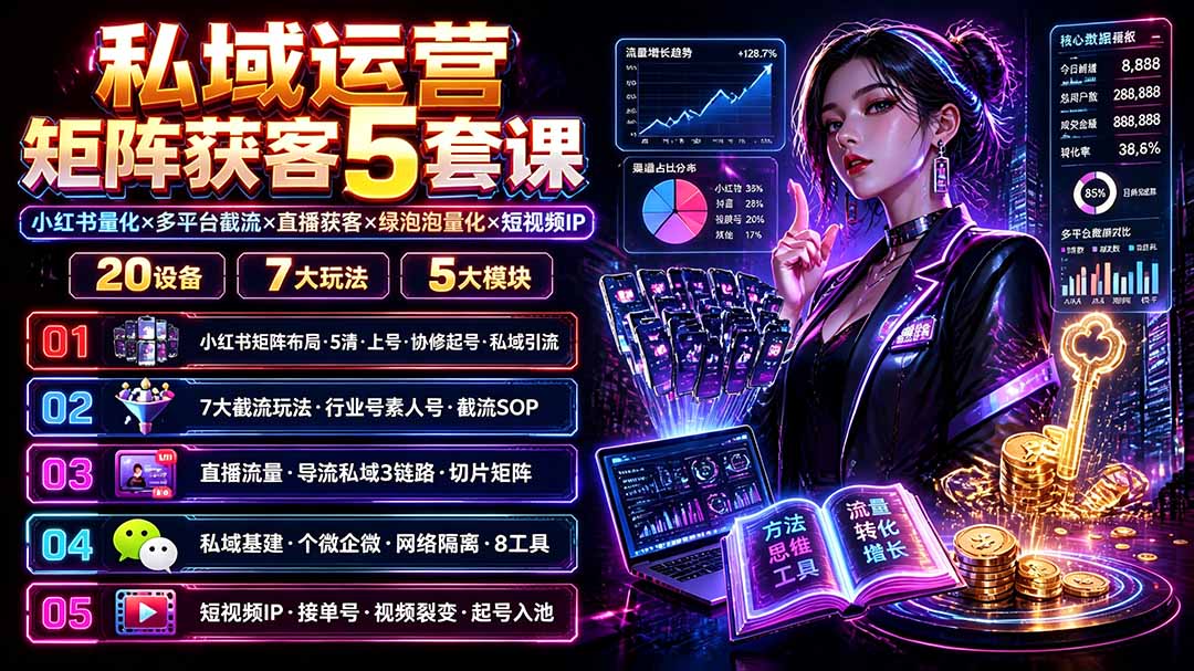 私域运营矩阵获客5套课：小红书量化×多平台截流×直播获客×绿泡泡量化×短视频IP×20设备×7大玩法-轻资本网