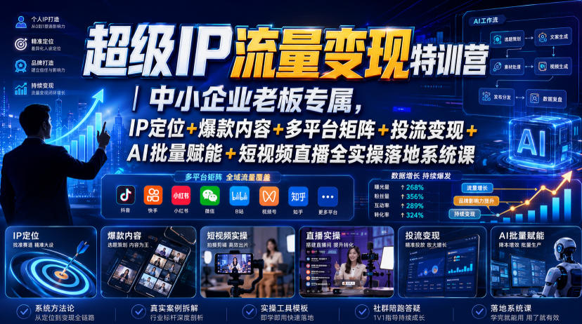 超级IP流量变现特训营｜中小企业老板专属，IP定位+爆款内容+多平台矩阵+投流变现+AI批量赋能+短视频直播全实操落地系统课-轻资本网