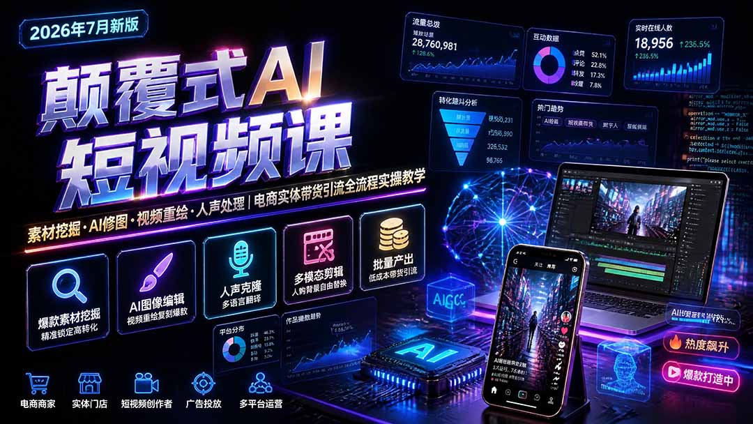 颠覆式AI短视频课｜素材挖掘，AI修图，视频重绘，人声处理｜电商实体带货引流全流程实操教学-轻资本网