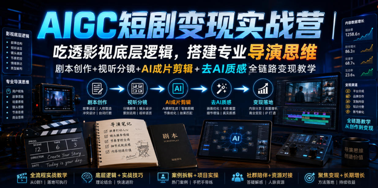 AIGC短剧变现实战营｜吃透影视底层逻辑，搭建专业导演思维，剧本创作+视听分镜+AI成片剪辑+去AI质感全链路变现教学-轻资本网