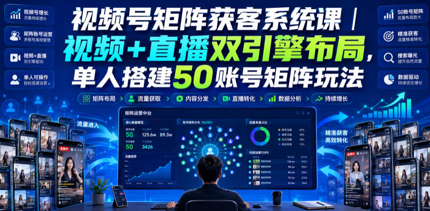 视频号矩阵获客系统课｜视频+直播双引擎布局，单人搭建50账号矩阵玩法，流量入池、搜索占位、全域引流沉淀私域全流程教学-轻资本网
