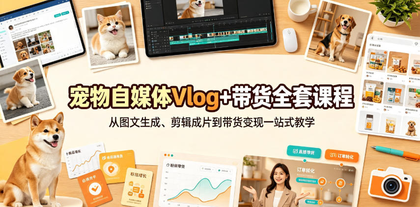 宠物自媒体Vlog+带货全套课程｜从图文生成、剪辑成片到带货变现一站式教学-轻资本网