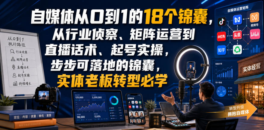 自媒体从0到1的18个锦囊，从行业侦察、矩阵运营到直播话术、起号实操，步步可落地的锦囊，实体老板转型必学-轻资本网