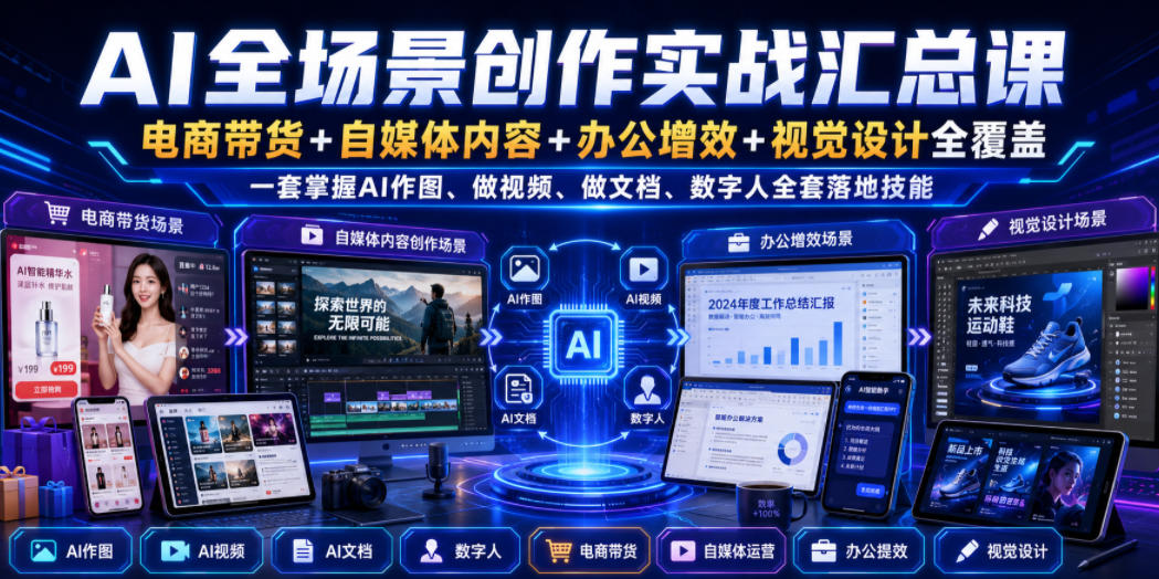 AI全场景创作实战汇总课｜电商带货+自媒体内容+办公增效+视觉设计全覆盖，一套掌握AI作图、做视频、做文档、数字人全套落地技能-轻资本网