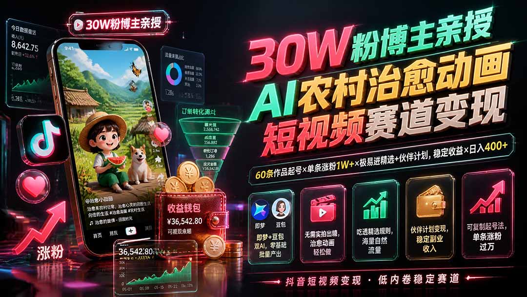 30W粉博主亲授AI农村治愈动画短视频赛道变现：60条作品起号×单条涨粉1W+×极易进精选+伙伴计划，稳定收益×日入400+-轻资本网