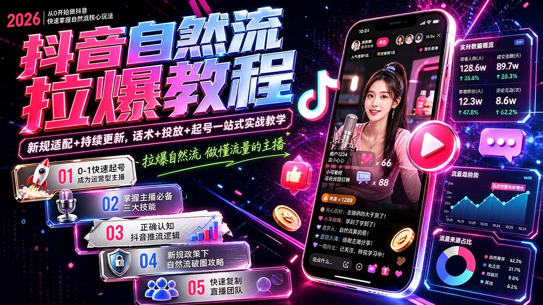 抖音自然流拉爆教程-更新7月：做懂流量的主播，新规适配+持续更新，话术+投放+起号一站式实战教学-轻资本网