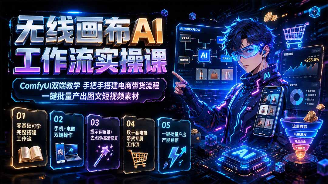 无线画布AI工作流实操课｜ComfyUI双端教学，手把手搭建电商带货流程，一键批量产出图文短视频素材-轻资本网