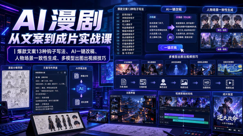 AI漫剧从文案到成片实战课｜爆款文案13种钩子写法、AI一键改稿、人物场景一致性生成、多模型出图出视频技巧-轻资本网