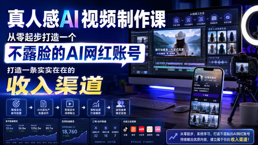 真人感AI视频制作课，从零起步打造一个不露脸的AI网红账号，打造一条实实在在的收入渠道【原创双语字幕】-轻资本网