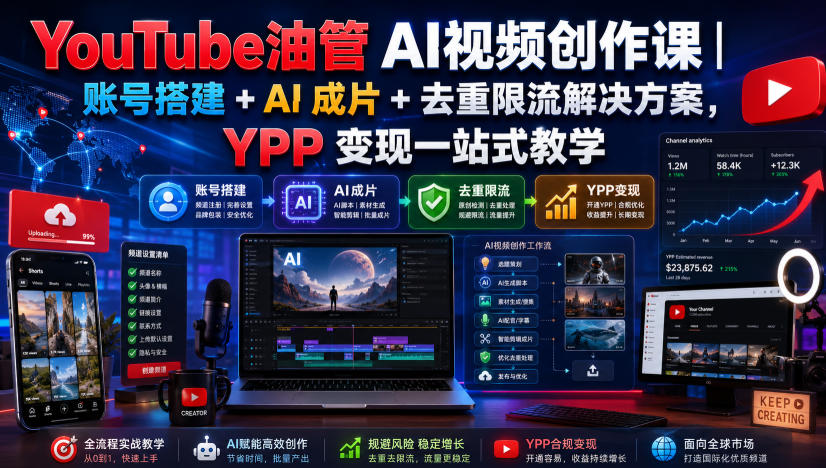 YouTube油管AI视频创作课｜账号搭建+AI成片+去重限流解决方案，YPP变现一站式教学-轻资本网