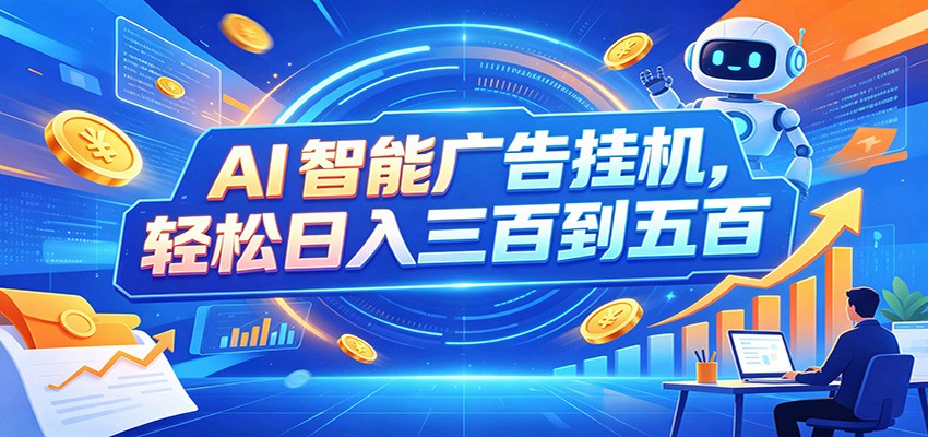 AI智能广告挂机，24小时自动跑，日入300-500，新手零门槛-轻资本网