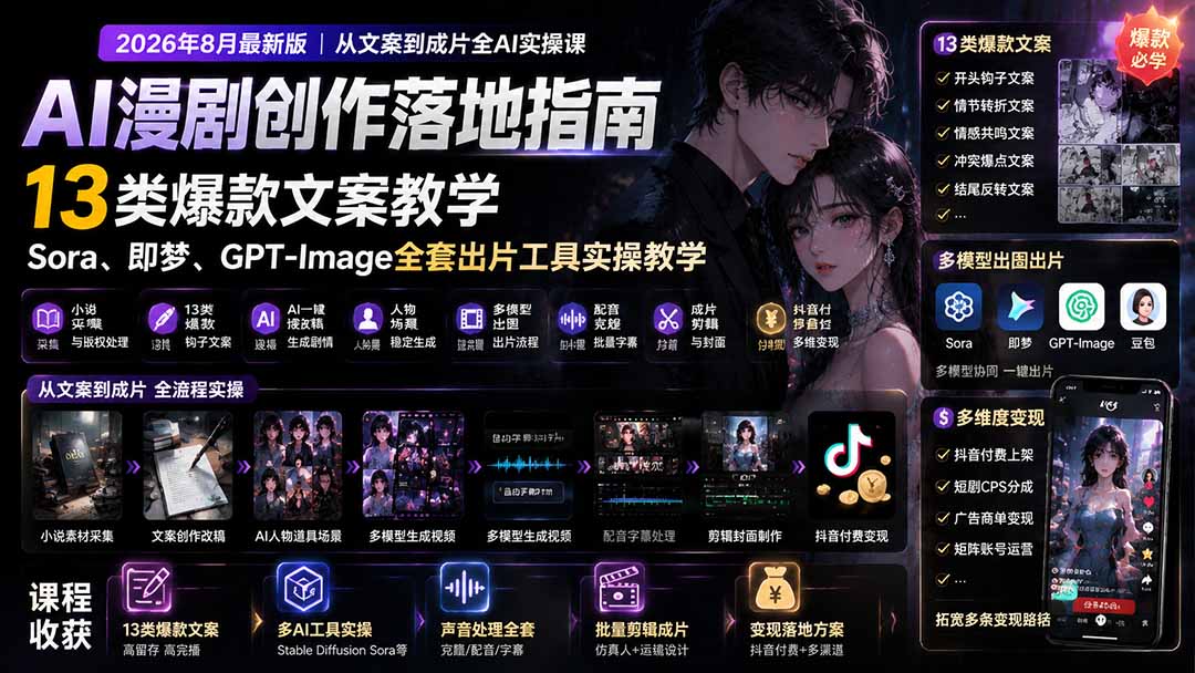 AI漫剧创作落地指南｜13类爆款文案教学，Sora、即梦、GPT-Image全套出片工具实操教学-轻资本网