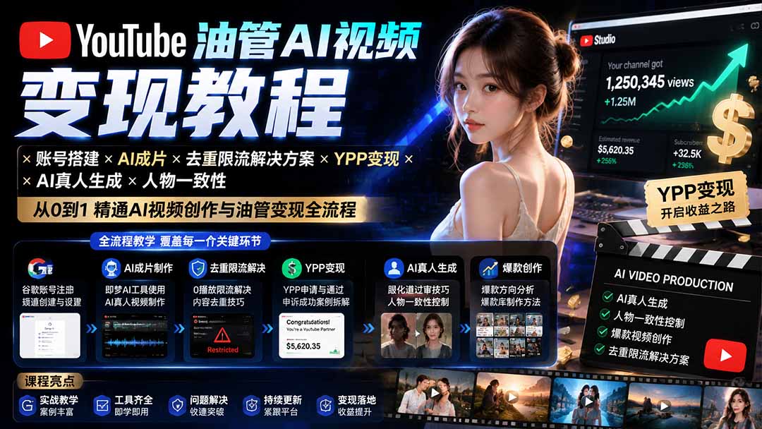 YouTube油管AI视频变现教程：账号搭建×AI成片×去重限流解决方案×YPP变现×AI真人生成×人物一致性-轻资本网