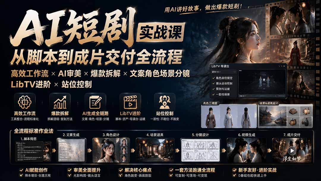 AI短剧实战课：高效工作流×AI审美×爆款拆解×文案角色场景分镜×LibTV进阶×站位控制×从脚本到成片交付全流程-轻资本网