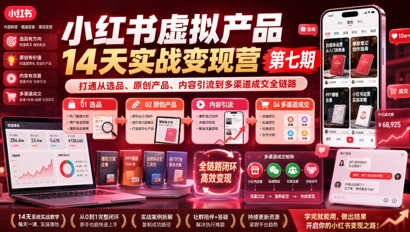 小红书虚拟产品14天实战变现营第七期，打通从选品、原创产品、内容引流到多渠道成交全链路-轻资本网
