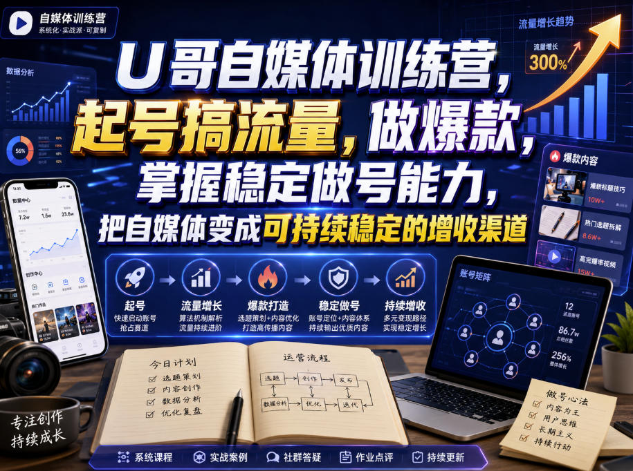 U哥自媒体训练营，起号搞流量，做爆款，掌握稳定做号能力，把自媒体变成可持续稳定的增收渠道-轻资本网