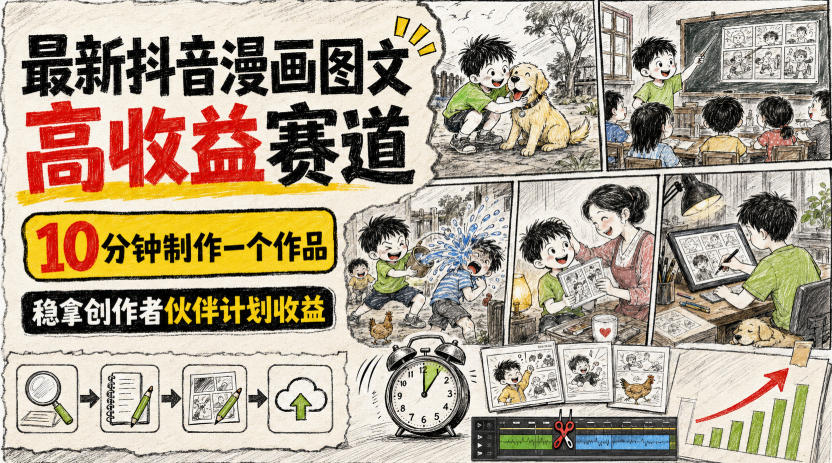 最新抖音漫画图文高收益赛道，10分钟制作一个作品，稳拿创作者伙伴计划收益-轻资本网