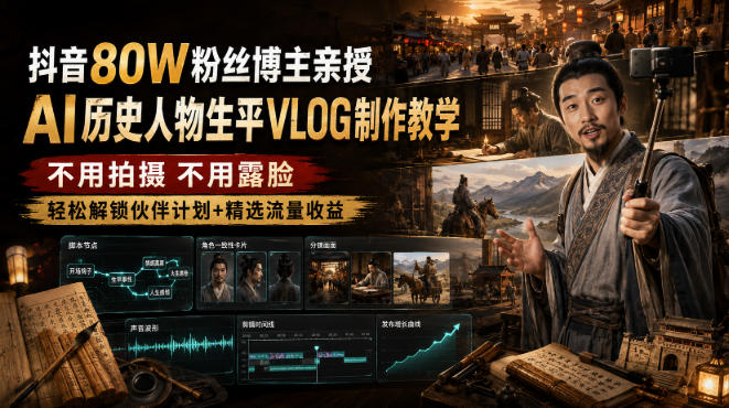 抖音80W粉丝博主的AI历史人物生平VLOG教学，不用拍摄不用露脸，AI帮你搞定，轻松解锁伙伴计划+精选收益-轻资本网