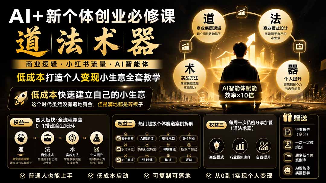 AI+新个体创业必修课｜道法术器｜商业逻辑·小红书流量·AI智能体｜低成本打造个人变现小生意全套教学-轻资本网
