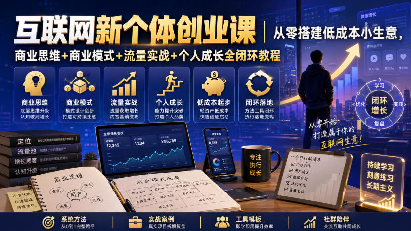 互联网新个体创业课｜从零搭建低成本小生意，商业思维+商业模式+流量实战+个人成长全闭环教程-轻资本网