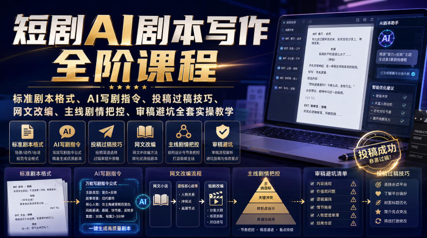 短剧AI剧本写作全阶课程｜标准剧本格式、AI写剧指令、投稿过稿技巧、网文改编、主线剧情把控、审稿避坑全套实操教学-轻资本网